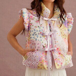 Multicolor Boho Women's flower Print Cute Bow Front Puffer Vest jacket
